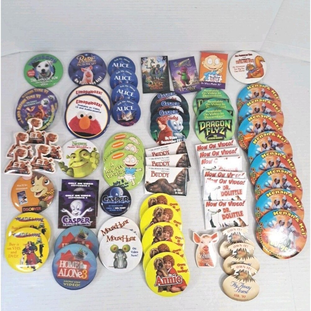 Lot of 65 80s–90s Movie Promo Pins — E.T., Casper, Home Alone, Good Burger +More